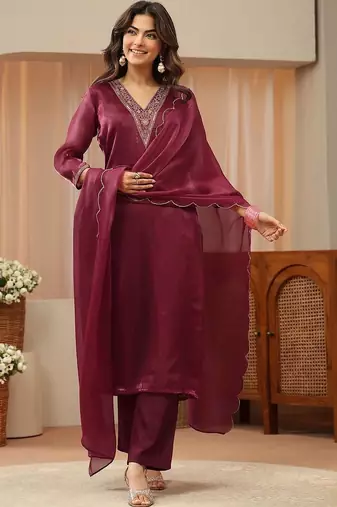 libas red yoke design tissue straight suit set