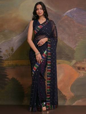 Navy blue navy blue & gold-toned floral sequinned  georgette saree 1