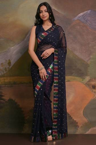 Navy blue navy blue & gold-toned floral sequinned  georgette saree