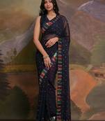 Navy blue navy blue & gold-toned floral sequinned  georgette saree