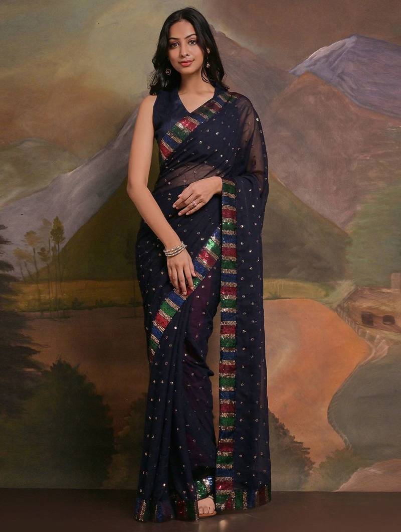 Navy blue navy blue & gold-toned floral sequinned  georgette saree