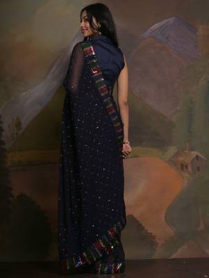 Navy blue navy blue & gold-toned floral sequinned  georgette saree 2