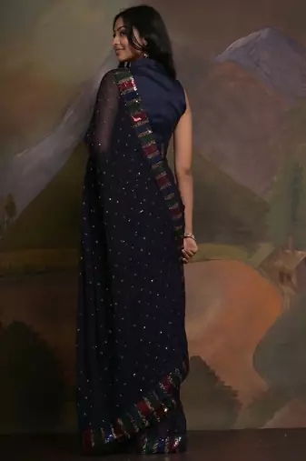 Navy blue navy blue & gold-toned floral sequinned  georgette saree