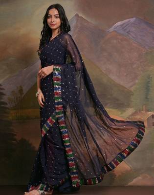 Navy blue navy blue & gold-toned floral sequinned  georgette saree 3