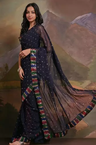 Navy blue navy blue & gold-toned floral sequinned  georgette saree