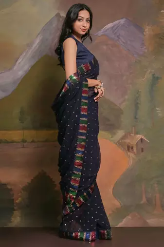 Navy blue navy blue & gold-toned floral sequinned  georgette saree