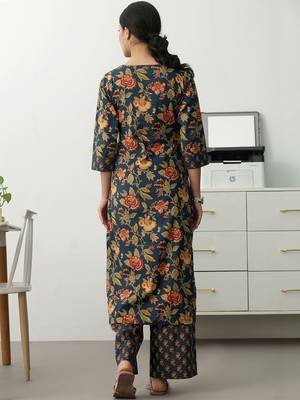 women floral printed regular cotton blend kurta with trousers 2