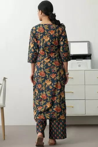 women floral printed regular cotton blend kurta with trousers