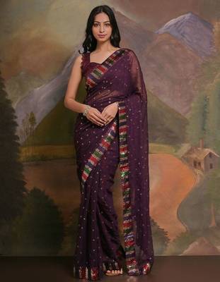 Purple purple & gold-toned embellished sequinned  georgette saree 1