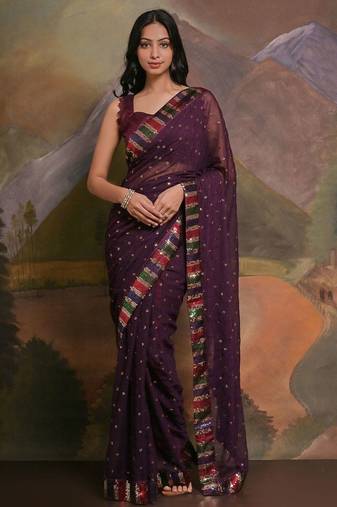 Purple purple & gold-toned embellished sequinned  georgette saree