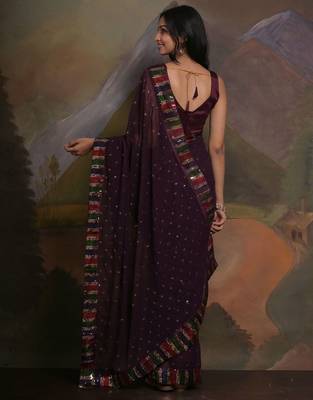 Purple purple & gold-toned embellished sequinned  georgette saree 2
