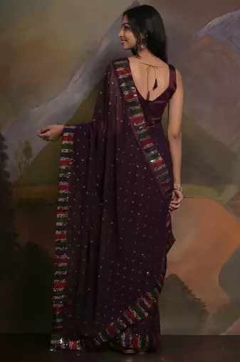 Purple purple & gold-toned embellished sequinned  georgette saree