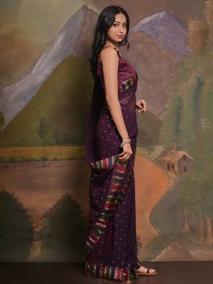 Purple purple & gold-toned embellished sequinned  georgette saree 3
