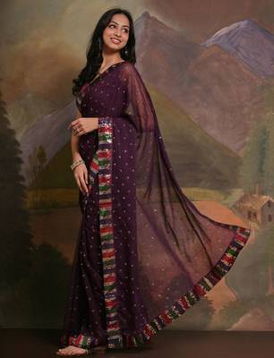 Purple purple & gold-toned embellished sequinned  georgette saree 4