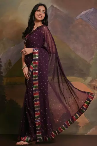 Purple purple & gold-toned embellished sequinned  georgette saree