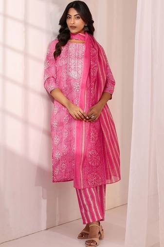 women ethnic motifs printed regular thread work kurta with trousers & with dupatta