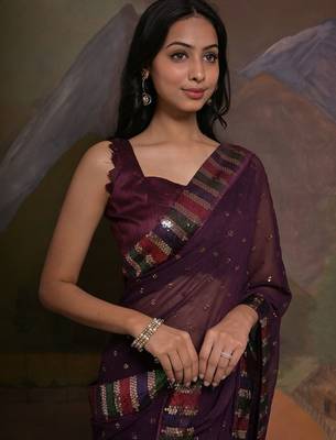 Purple purple & gold-toned embellished sequinned  georgette saree 5
