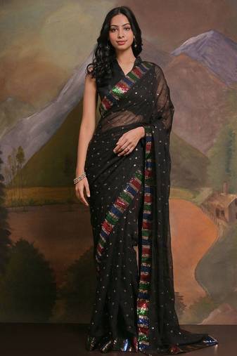 Black black & red embellished sequinned  georgette saree