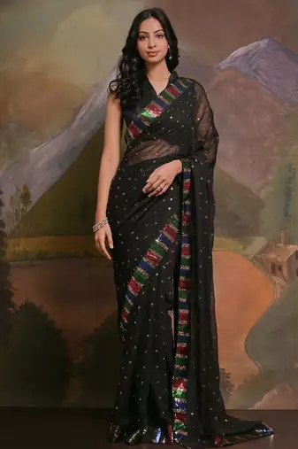 Black black & red embellished sequinned  georgette saree