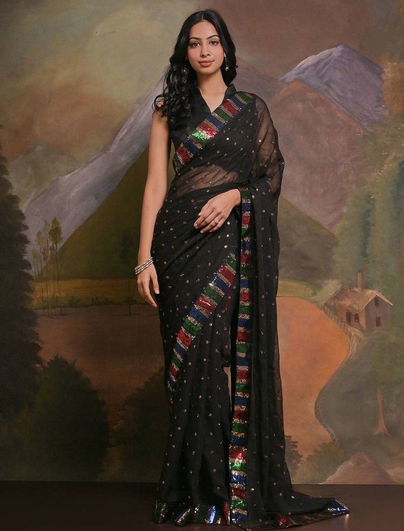Black black & red embellished sequinned  georgette saree