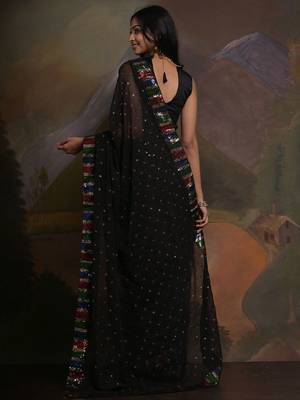 Black black & red embellished sequinned  georgette saree 2