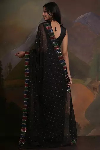 Black black & red embellished sequinned  georgette saree