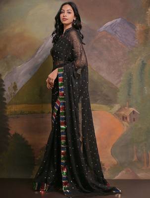 Black black & red embellished sequinned  georgette saree 3