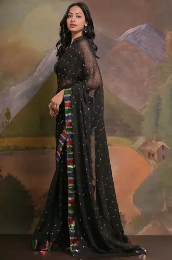 Black black & red embellished sequinned  georgette saree