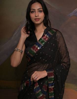 Black black & red embellished sequinned  georgette saree 5