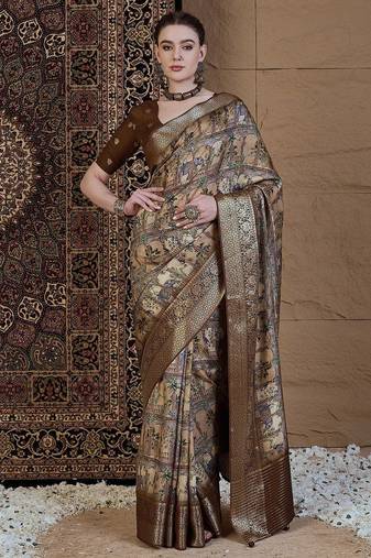 Beige ethnic motifs zari silk blend sungudi saree