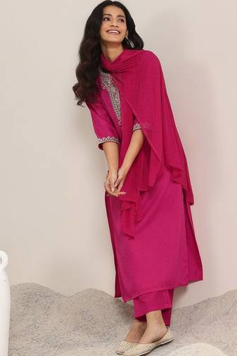 floral yoke design sequnnied straight kurta with trousers & dupatta