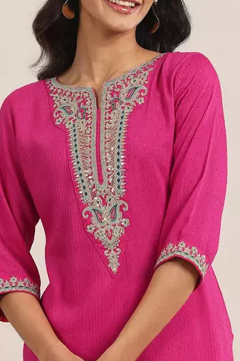 floral yoke design sequnnied straight kurta with trousers & dupatta