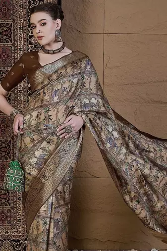 Beige ethnic motifs zari silk blend sungudi saree