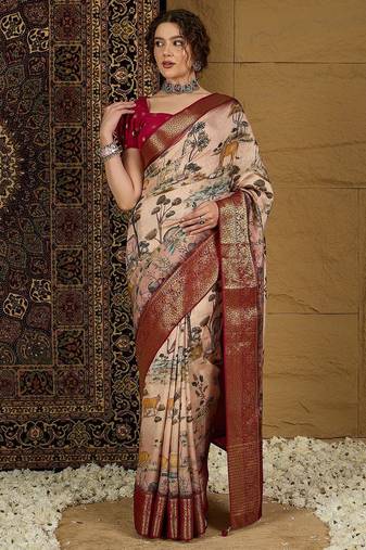 Beige ethnic motifs zari silk blend sungudi saree