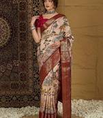 Beige ethnic motifs zari silk blend sungudi saree