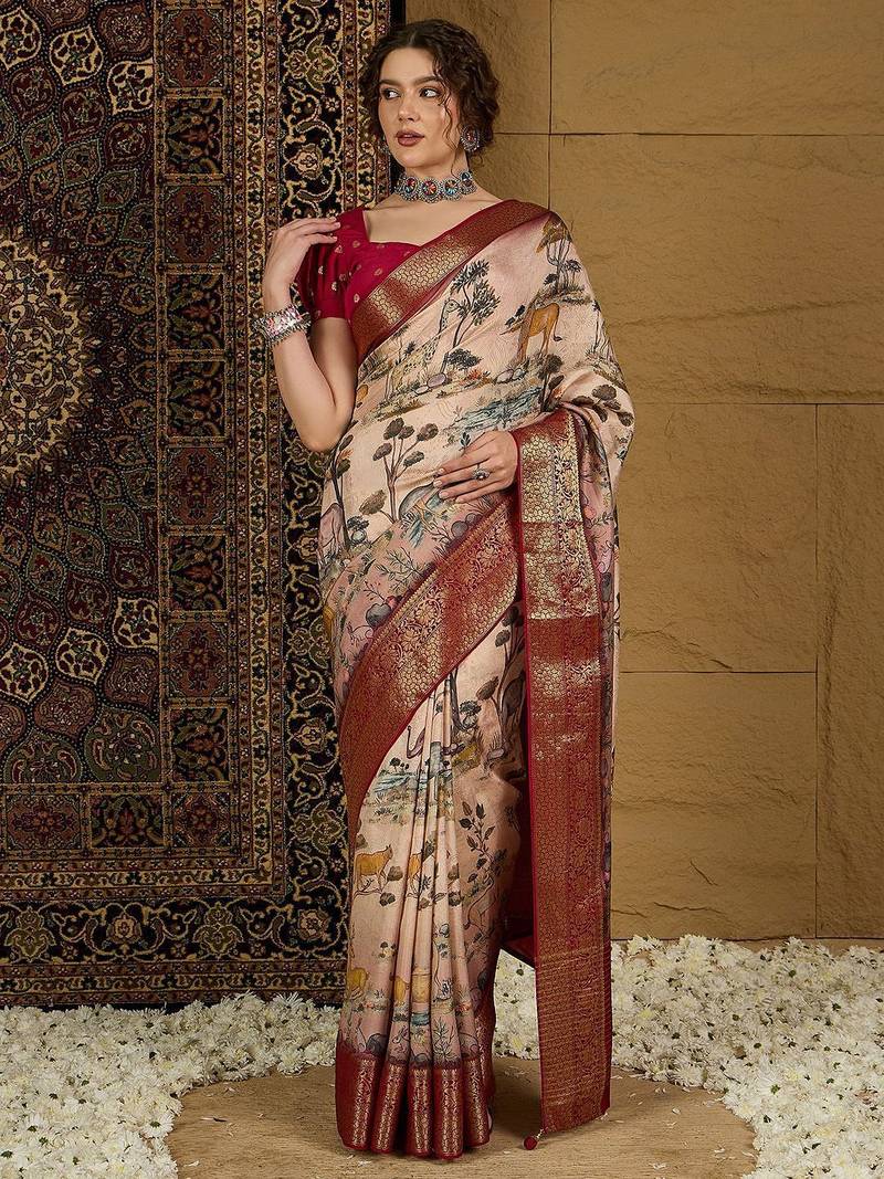 Beige ethnic motifs zari silk blend sungudi saree