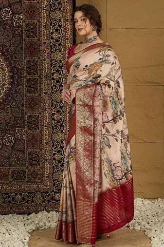 Beige ethnic motifs zari silk blend sungudi saree