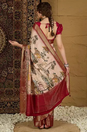 Beige ethnic motifs zari silk blend sungudi saree
