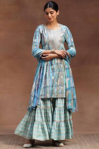 geometric printed sequinned straight kurta with sharara & dupatta