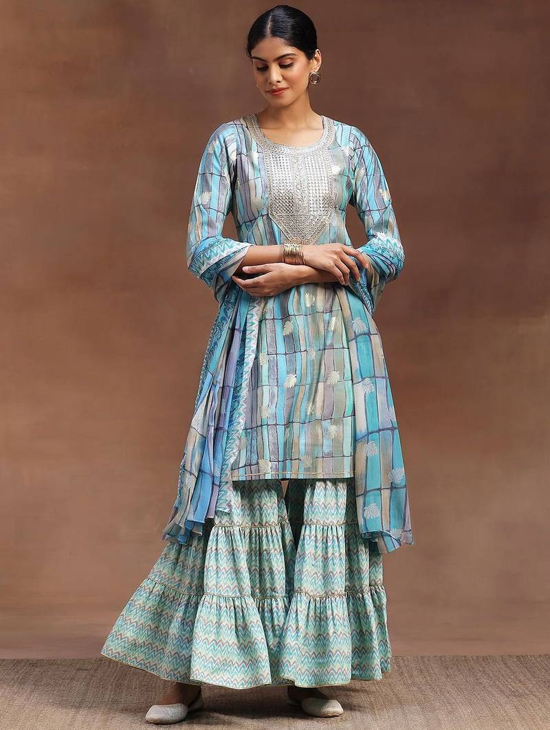 geometric printed sequinned straight kurta with sharara & dupatta