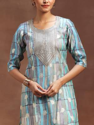 geometric printed sequinned straight kurta with sharara & dupatta 2