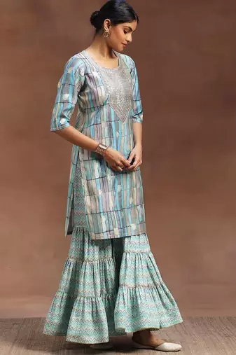 geometric printed sequinned straight kurta with sharara & dupatta