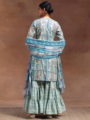 geometric printed sequinned straight kurta with sharara & dupatta 5