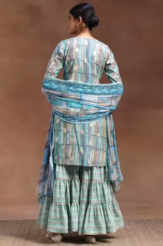 geometric printed sequinned straight kurta with sharara & dupatta