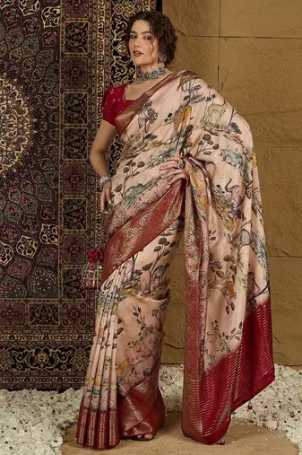 Beige ethnic motifs zari silk blend sungudi saree