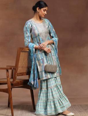 geometric printed sequinned straight kurta with sharara & dupatta 6