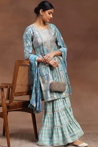 geometric printed sequinned straight kurta with sharara & dupatta