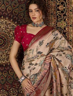 Beige ethnic motifs zari silk blend sungudi saree 5