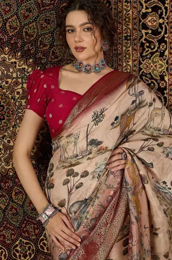 Beige ethnic motifs zari silk blend sungudi saree