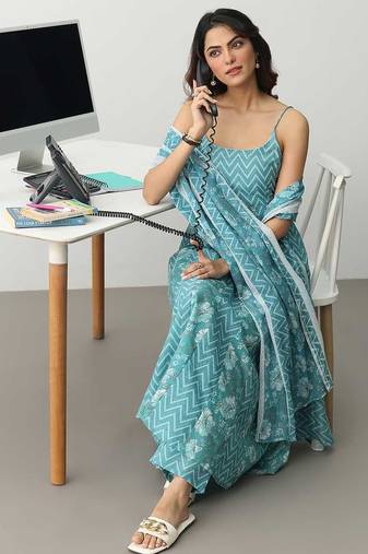women printed regular cotton blend kurta with trousers & with dupatta